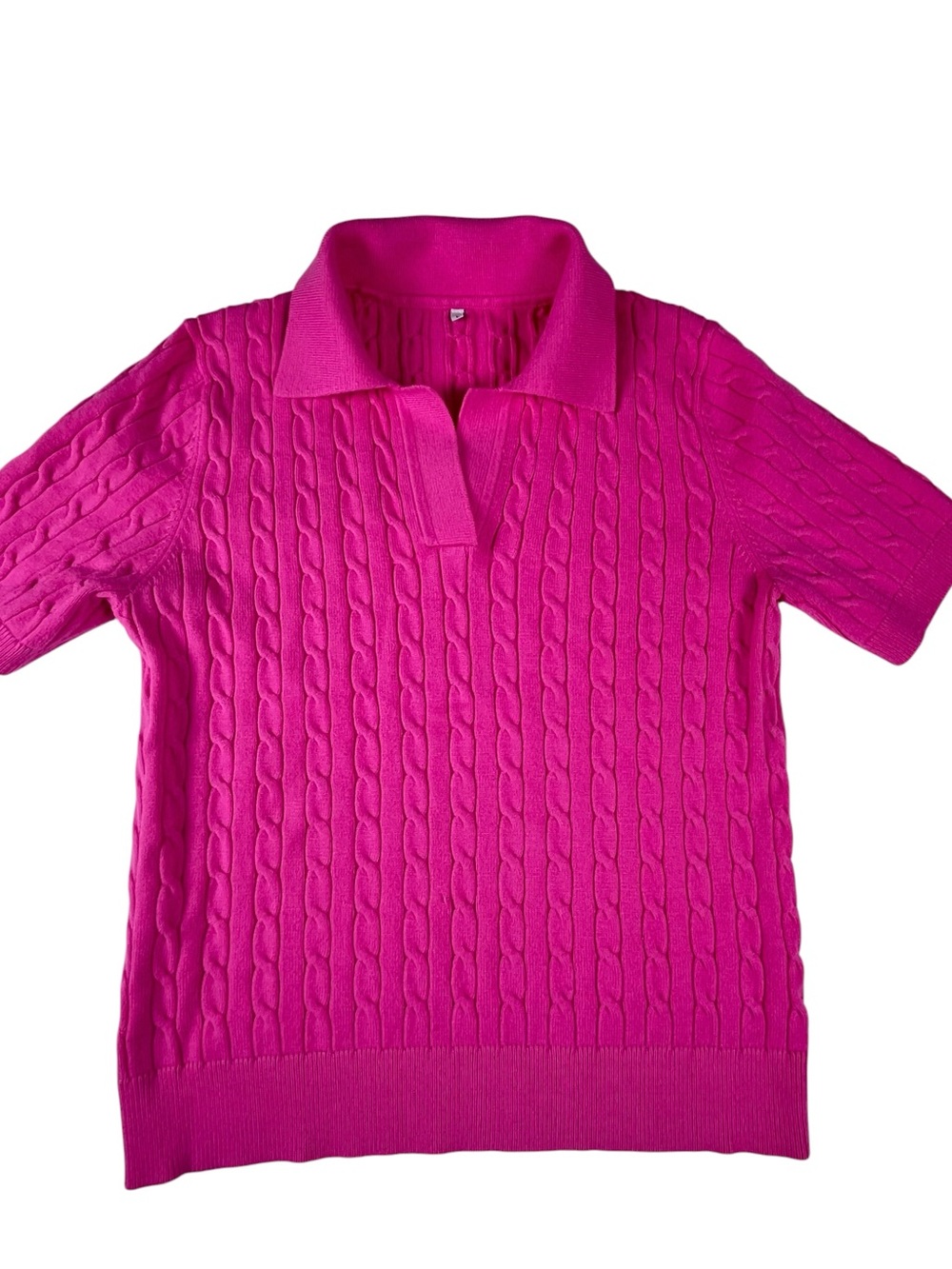 Women’s Short-Sleeve Cable Polo Sweater in Hot Pink L - sku 147 - Picture 2 of 10